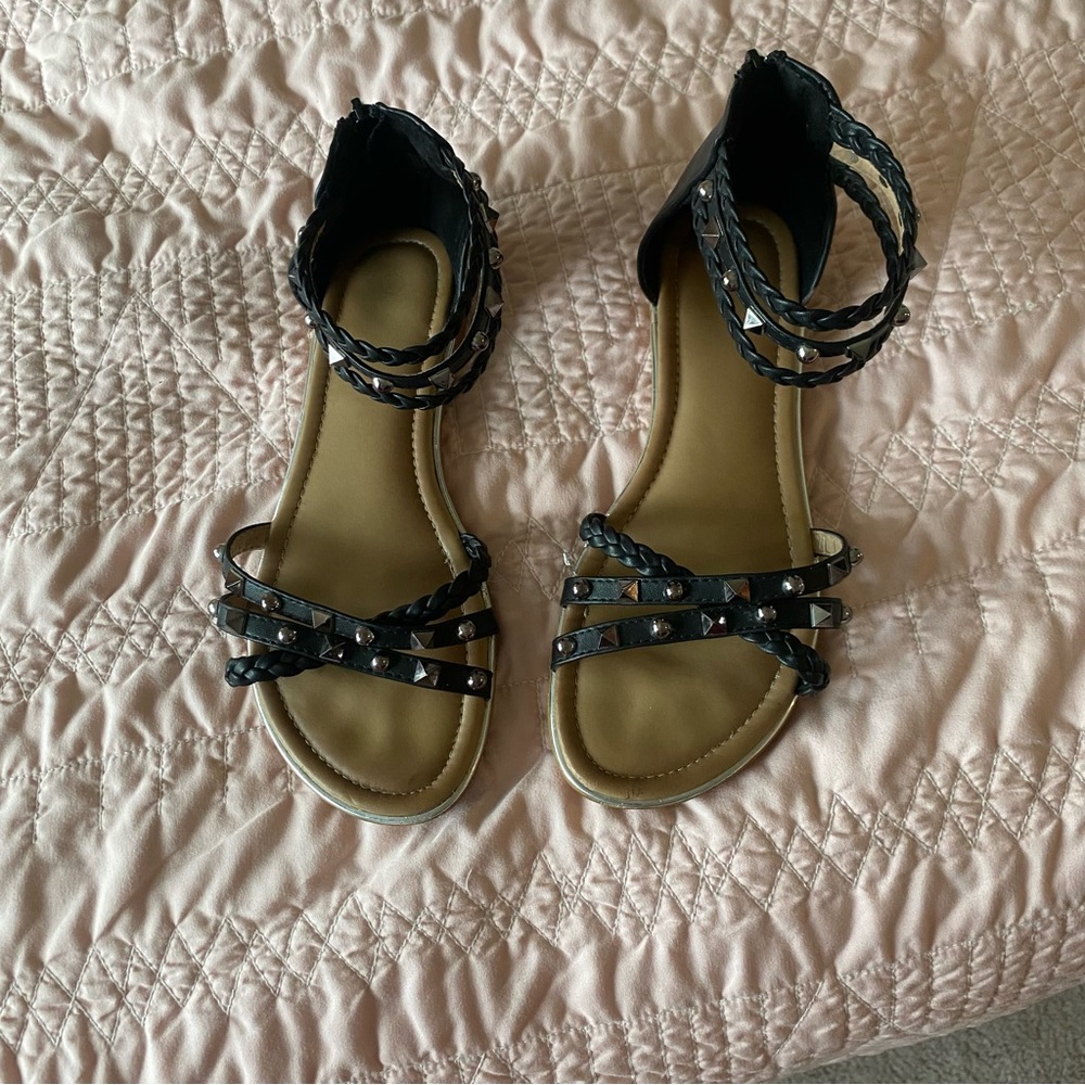 Black strappy zip up gladiator sandals with gems